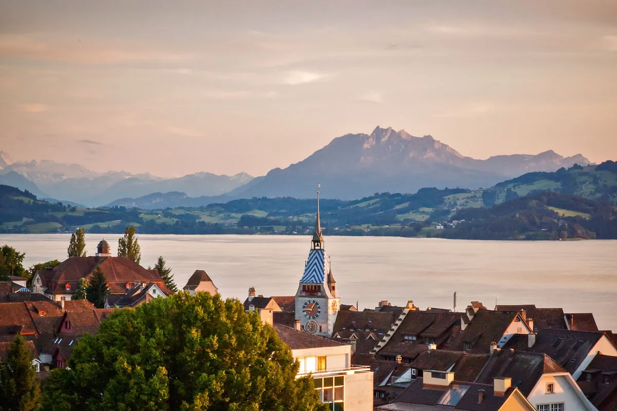 Zug old town with the Zytturm, Lake Zug and Mount Pilatus